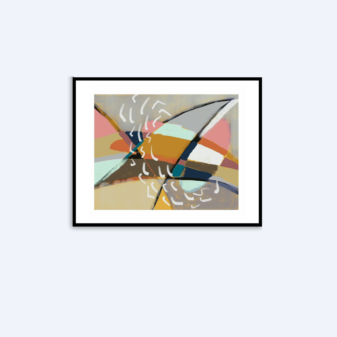 A framed abstract art print featuring a geometric composition with intersecting curved lines in beige, brown, orange, pink, blue, and white, presented on a light gray background.
