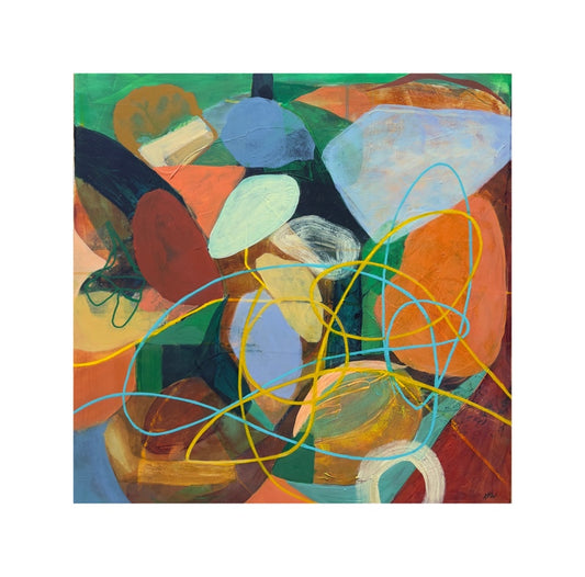 Artwork: multicolor shaped stacked organic forms with colorful lines on a square canvas