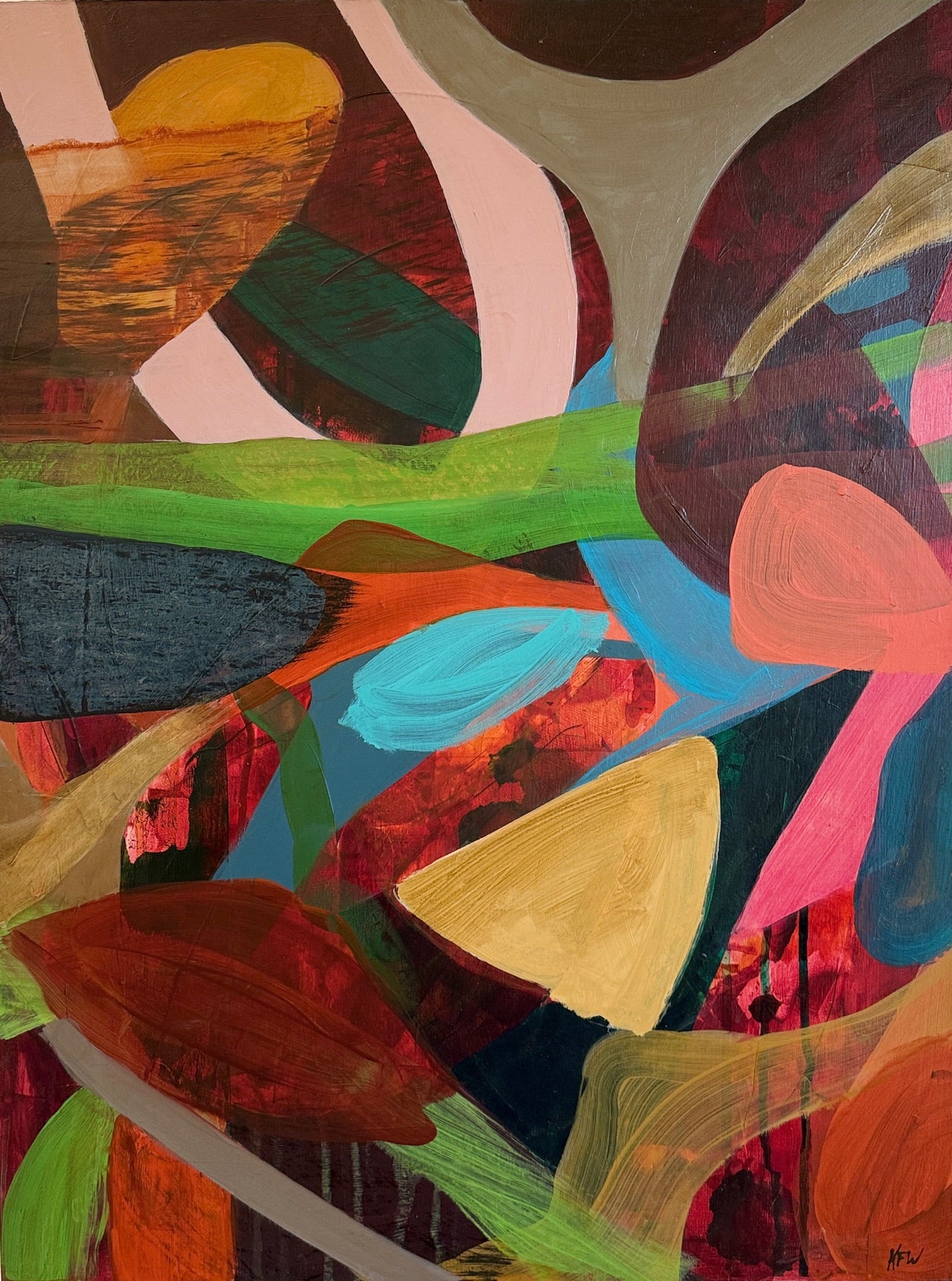 An abstract painting with layered, organic brushstrokes in red, orange, yellow, green, blue, pink, brown, black, and cream, filling the entire frame.