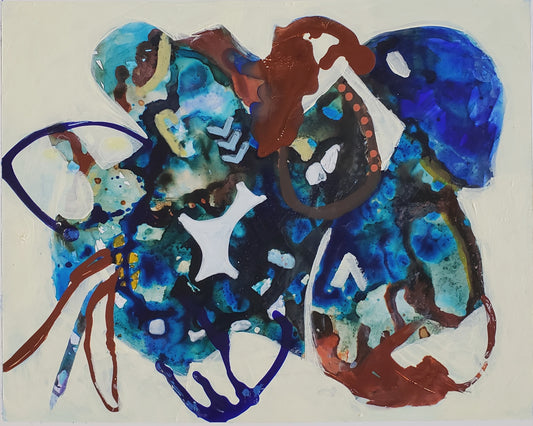 An abstract painting featuring expressive, organic shapes in vibrant blues, deep navy, terracotta red, brown, and white on a textured off-white canvas background.