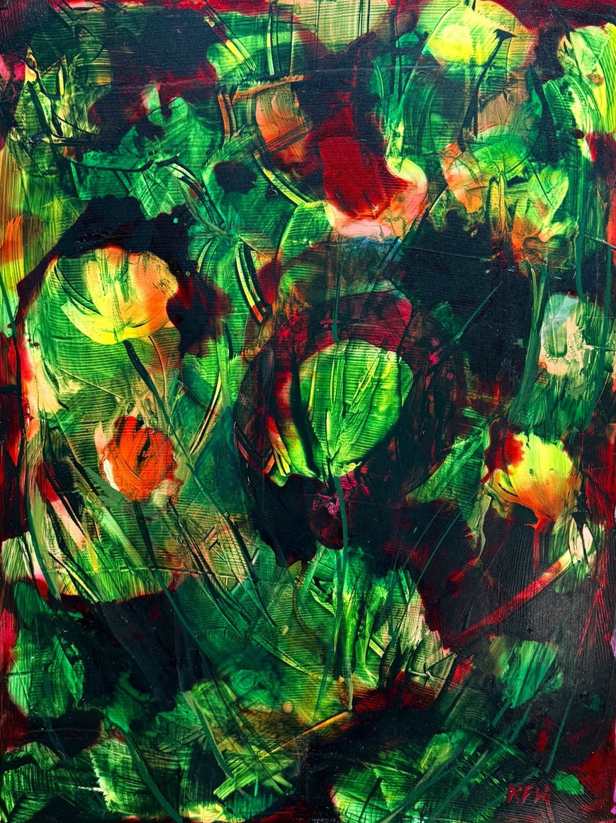 An abstract painting featuring a dense, textured composition of green leaves, red and orange floral elements, and dark black shadows, with visible impasto brushstrokes.