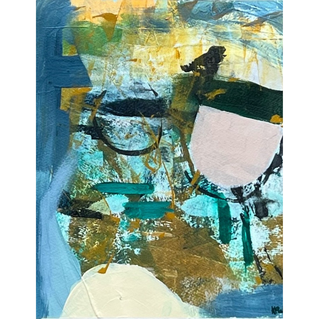 An abstract expressionist painting featuring textured brushstrokes and layered shapes in blue, teal, gold, black, white, and pale pink.