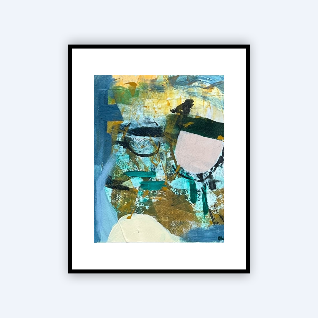 A framed abstract art print featuring a modern composition of blue, teal, gold, black, and cream paint strokes, presented in a black frame with a white mat against a light gray background.