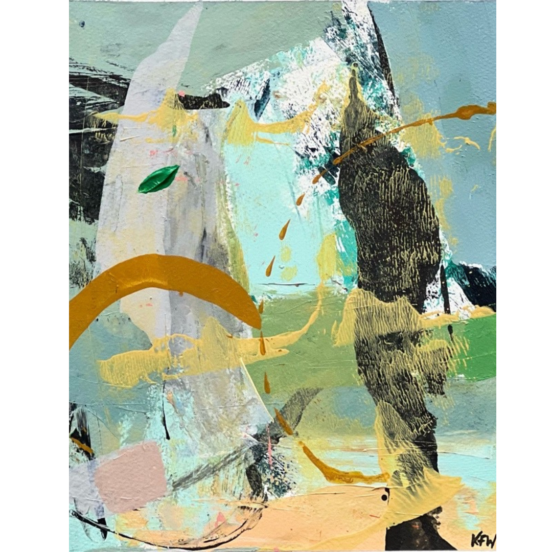 An abstract mixed-media painting on textured canvas featuring layered brushstrokes of light blue, mint green, white, black, ochre yellow, and soft peach tones.
