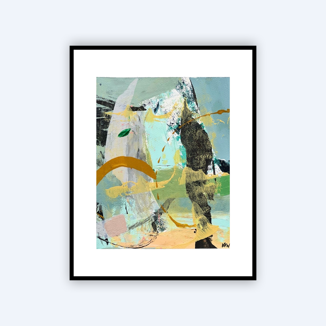 A framed abstract art print featuring a mix of teal, yellow, black, white, and green brushstrokes, presented in a black frame with a white mat against a light gray background.