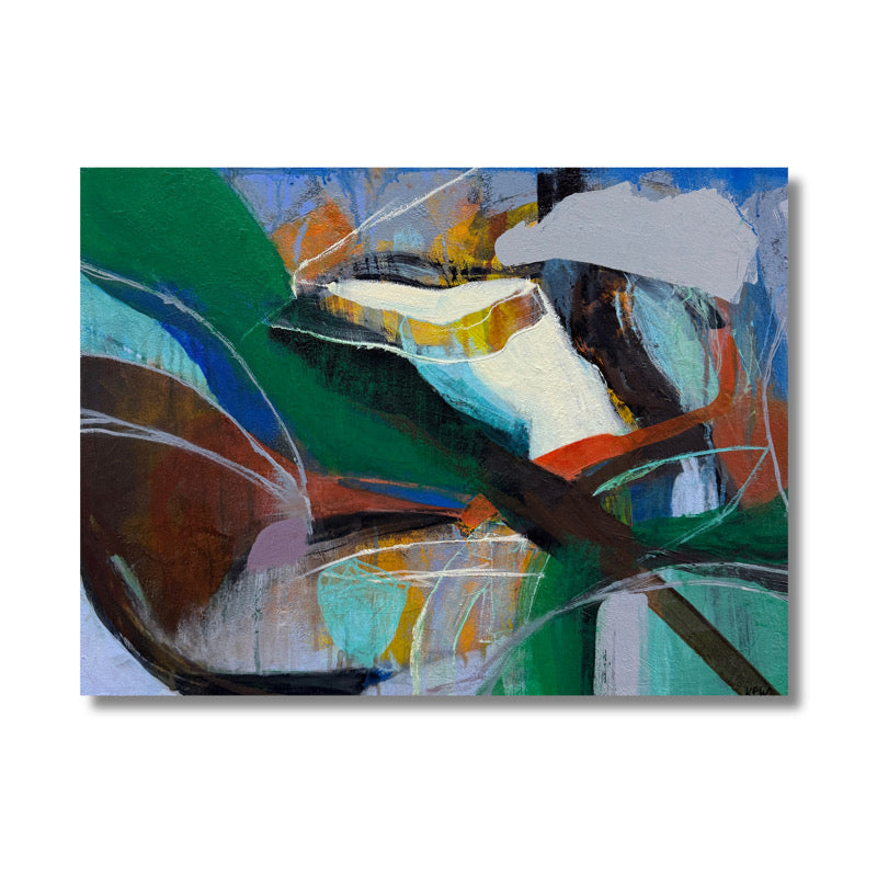Abstracted painting in horizontal orientation. Primary green and blue with turquoise and brown accents