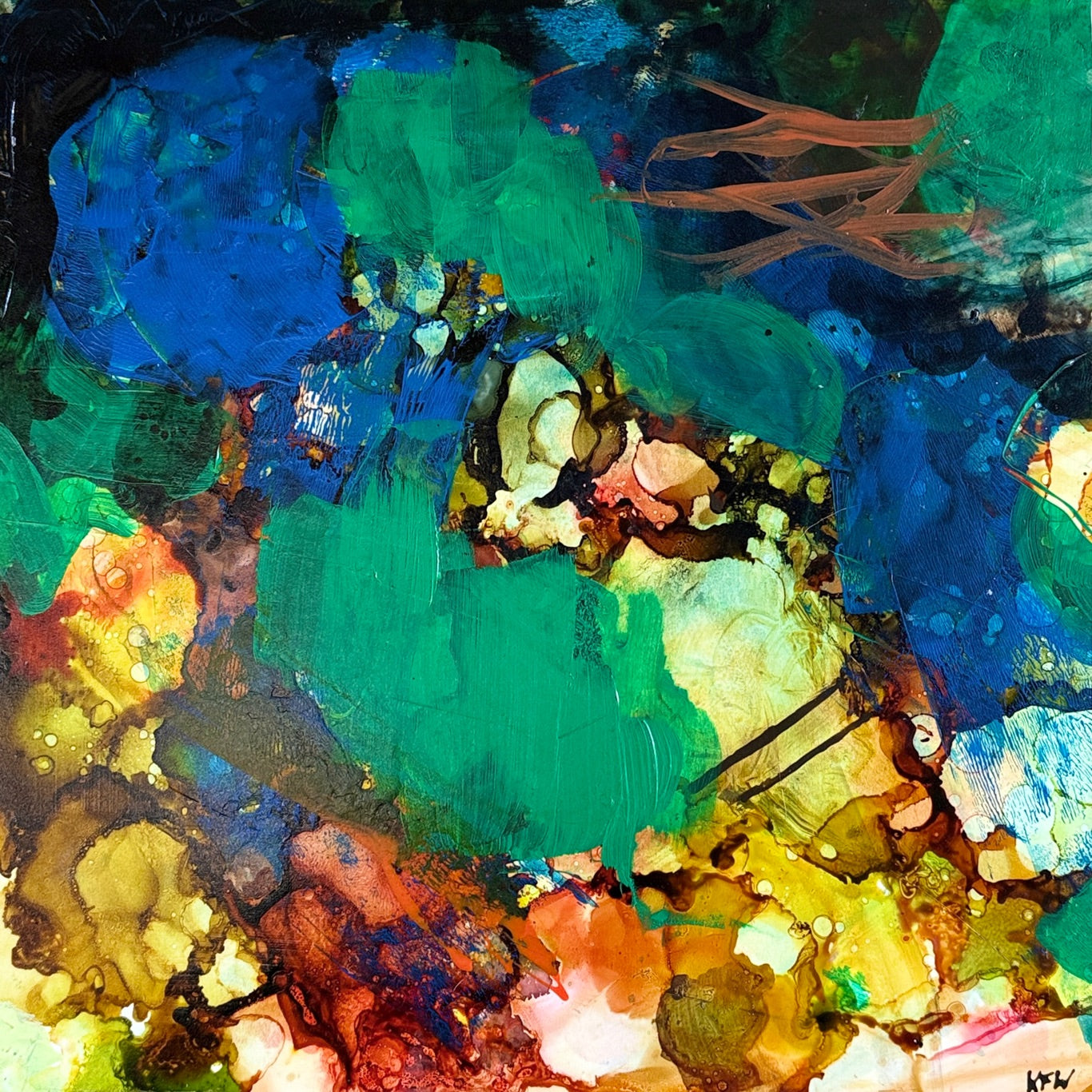Blue, green and yellow abstract art that is square