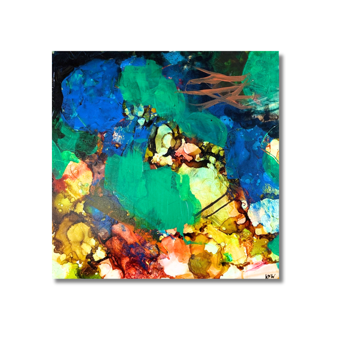 “Last Call", original abstract painting on panel, 12x12 inches