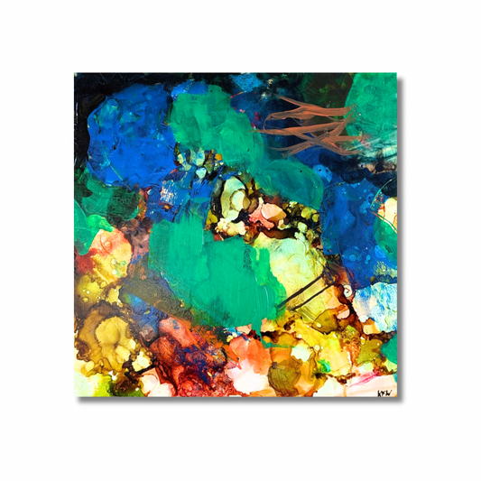 “Last Call", original abstract painting on panel, 12x12 inches
