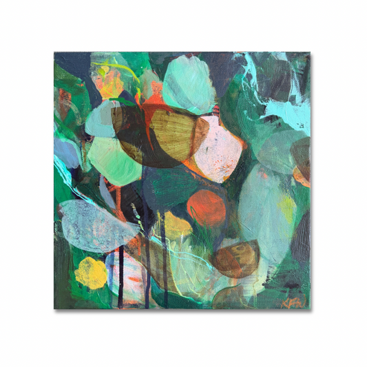 Square canvas abstract art in greens and aqua layered shapes
