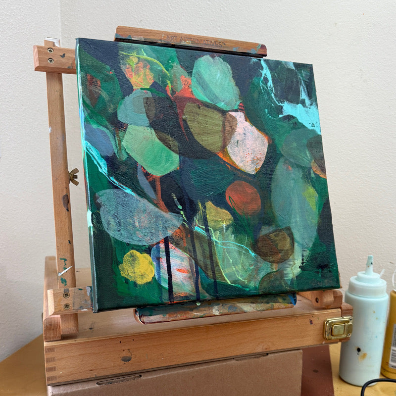 12 square artwork, layered abstract painting in greens and aqua colors