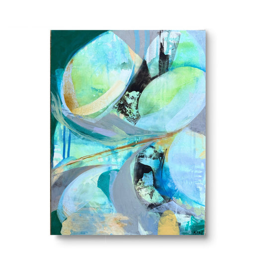 Abstract artwork featuring various shades of green, blue, silver, and peach in an acrylic paint on cradled panel by Kasey Wanford.