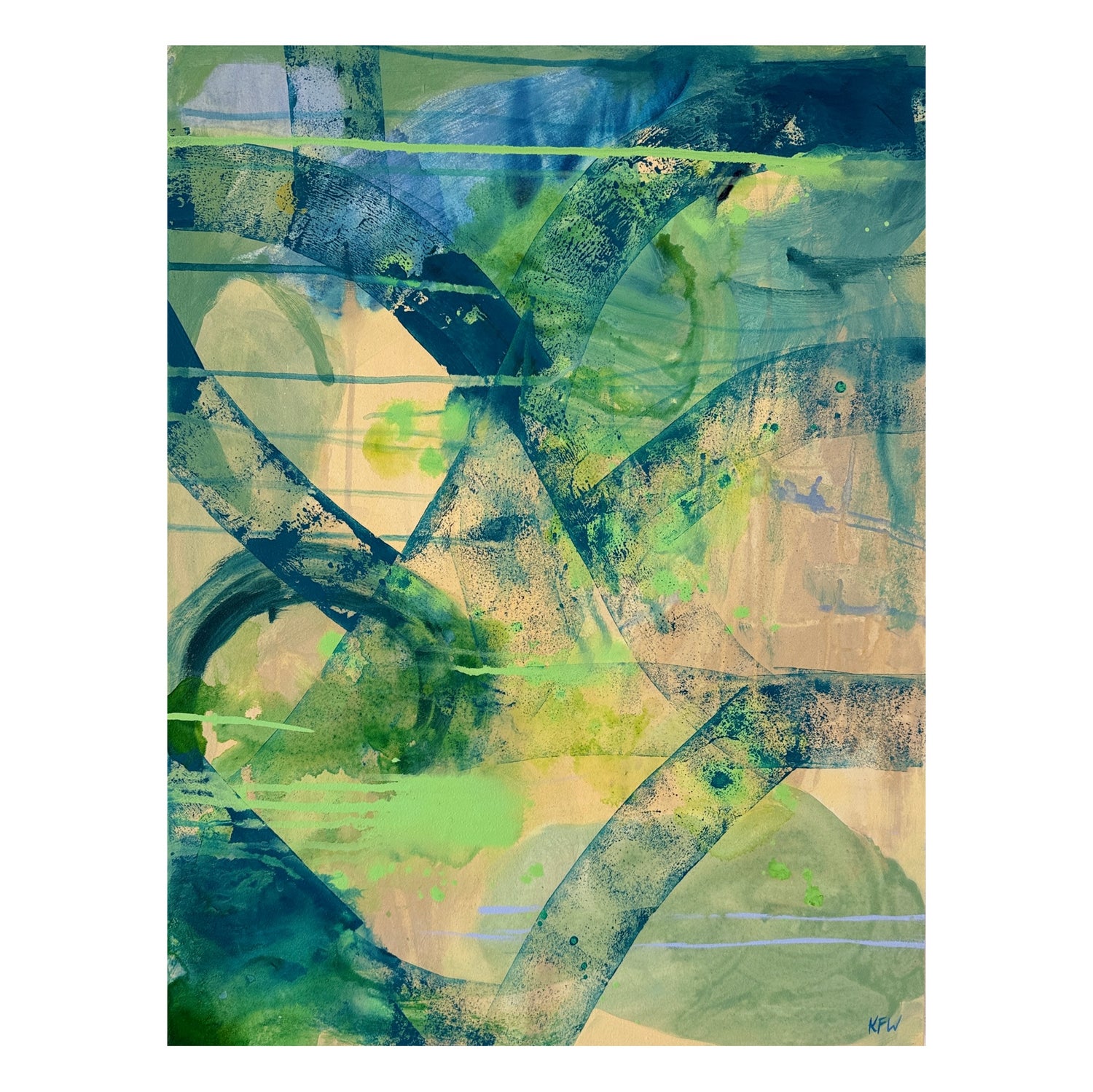 An abstract painting featuring layered organic shapes and textured brushstrokes in shades of green, blue, beige, and gray, presented on a white background.