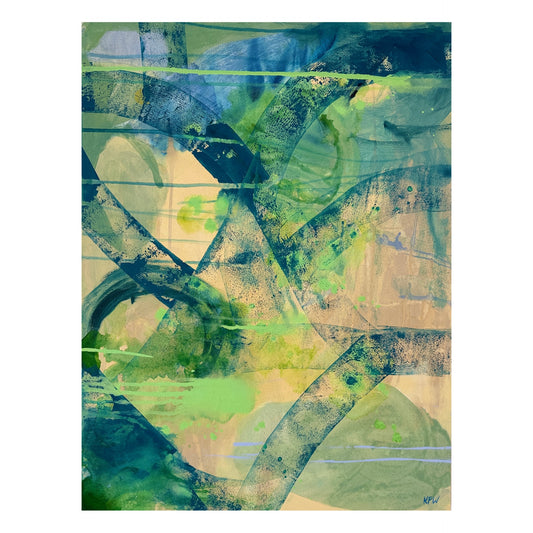 An abstract painting featuring layered organic shapes and textured brushstrokes in shades of green, blue, beige, and gray, presented on a white background.