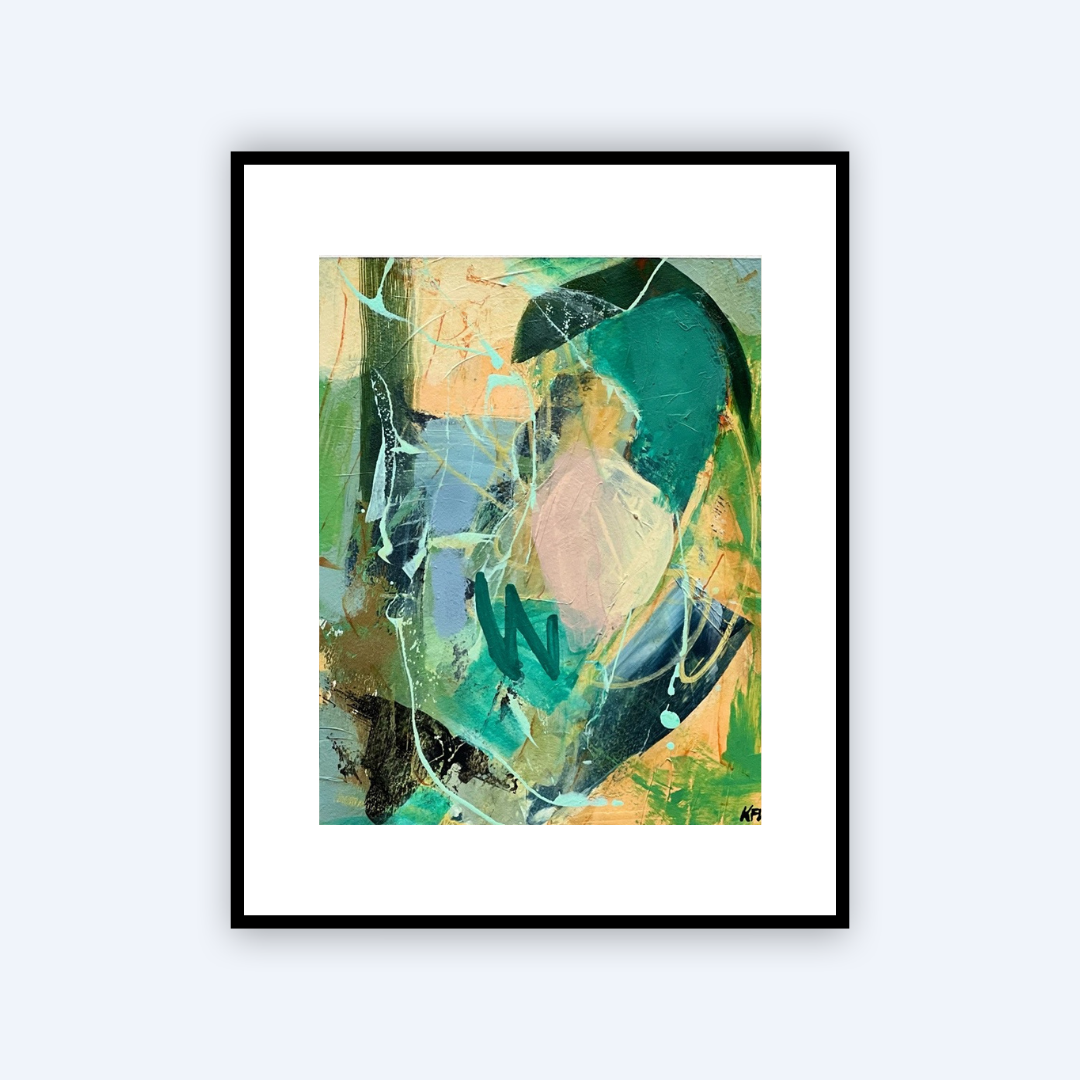 A framed abstract art print featuring a colorful composition of teal, green, peach, and blue brushstrokes, presented in a black frame with a white mat against a light gray background.