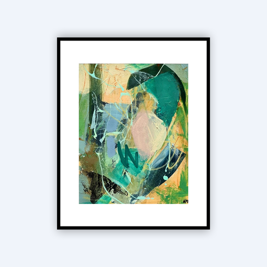 A framed abstract art print featuring a colorful composition of teal, green, peach, and blue brushstrokes, presented in a black frame with a white mat against a light gray background.