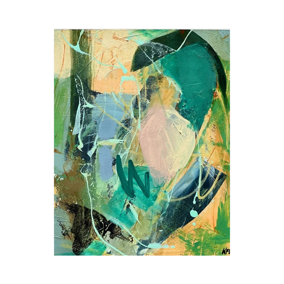 An abstract painting featuring a blend of teal, green, beige, blue, and brown tones with expressive brushstrokes and paint splatters, presented on a white background.