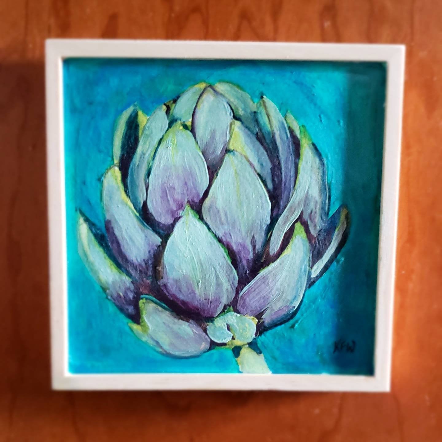 Artichoke painting, tiny, 6x6 inches, framed panel
