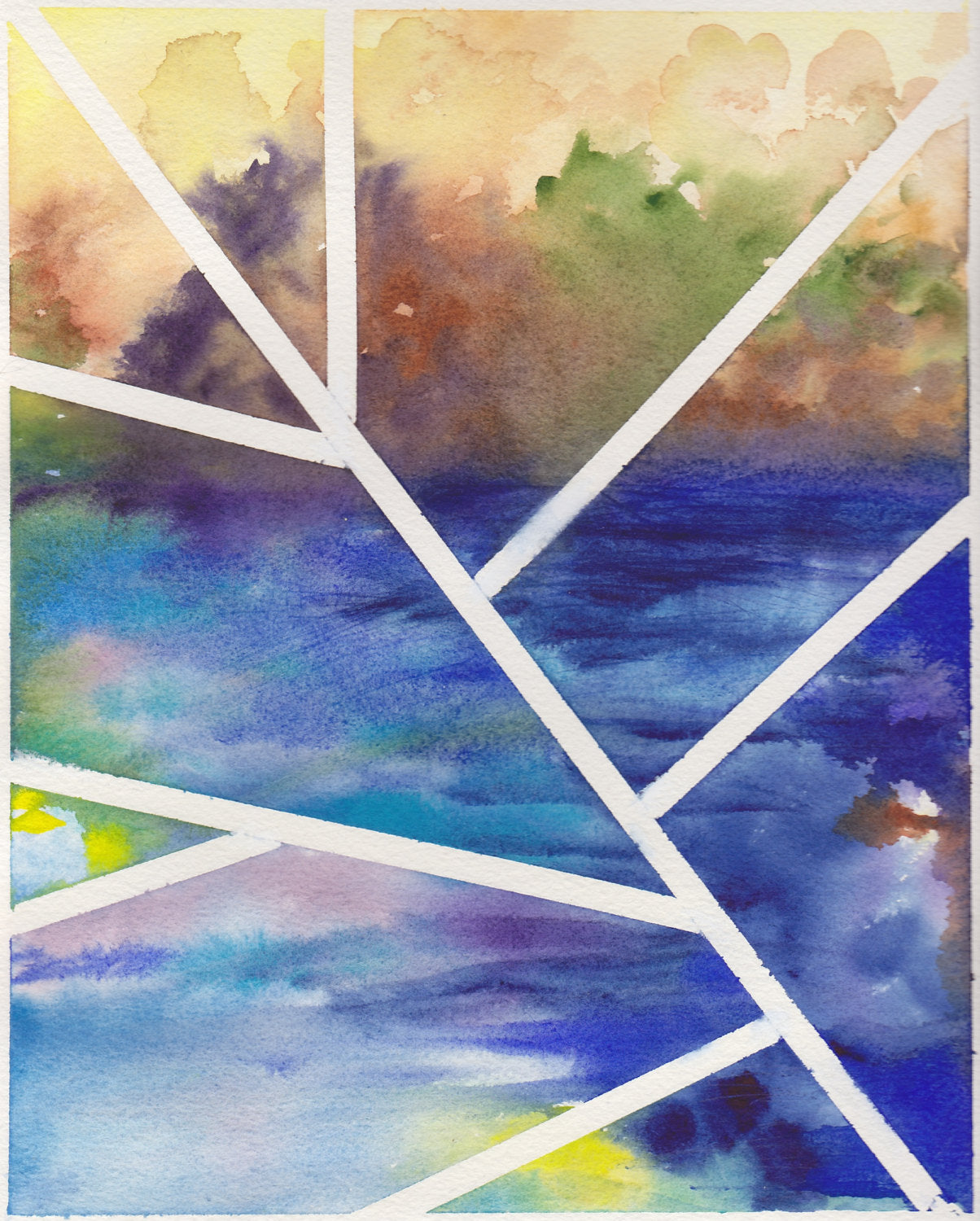Original contemporary watercolor painting, 8x10, abstract landscape - "Lines Over Cool Blue"