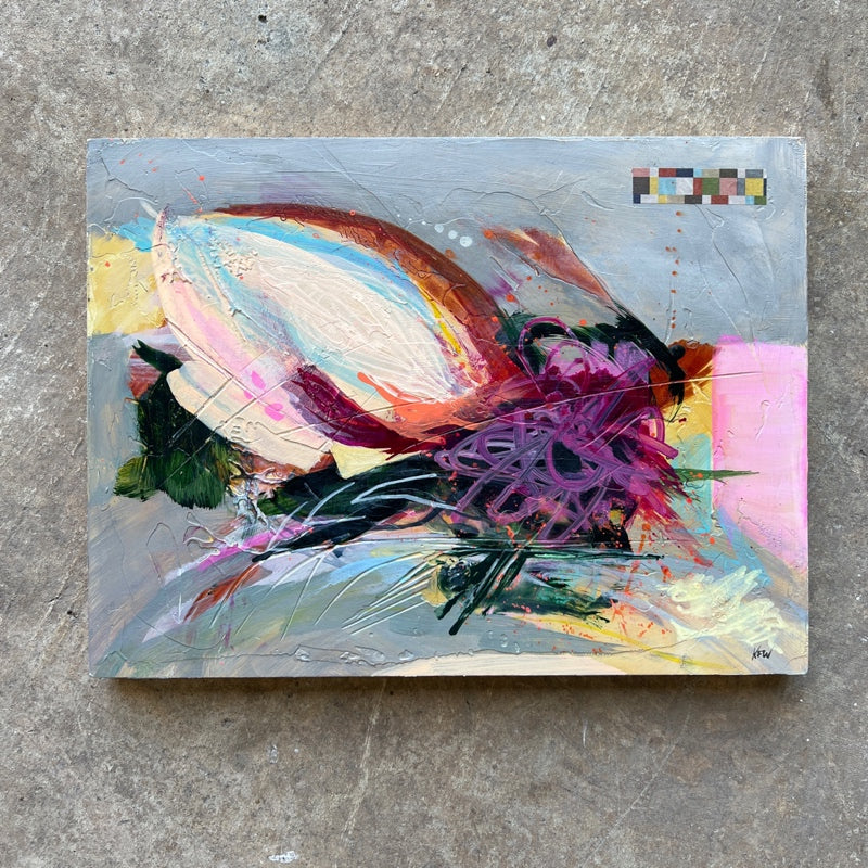 small abstract painting, multicolored, predominantly gray, pink, magenta